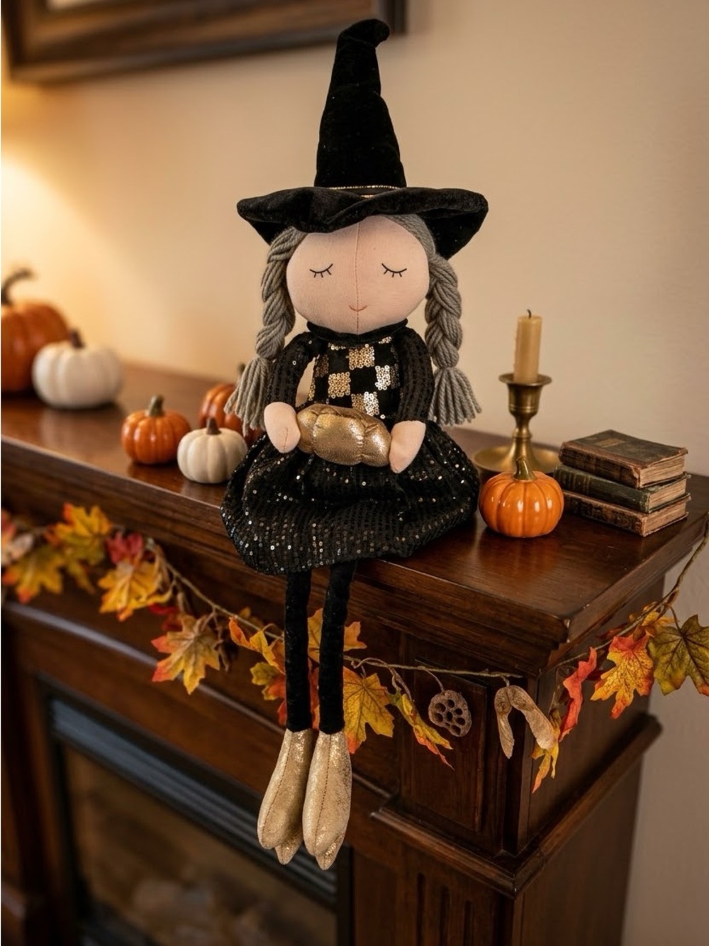 Glitzhome 29" Halloween Fabric Dressed Witch Sitter Shelf Decor